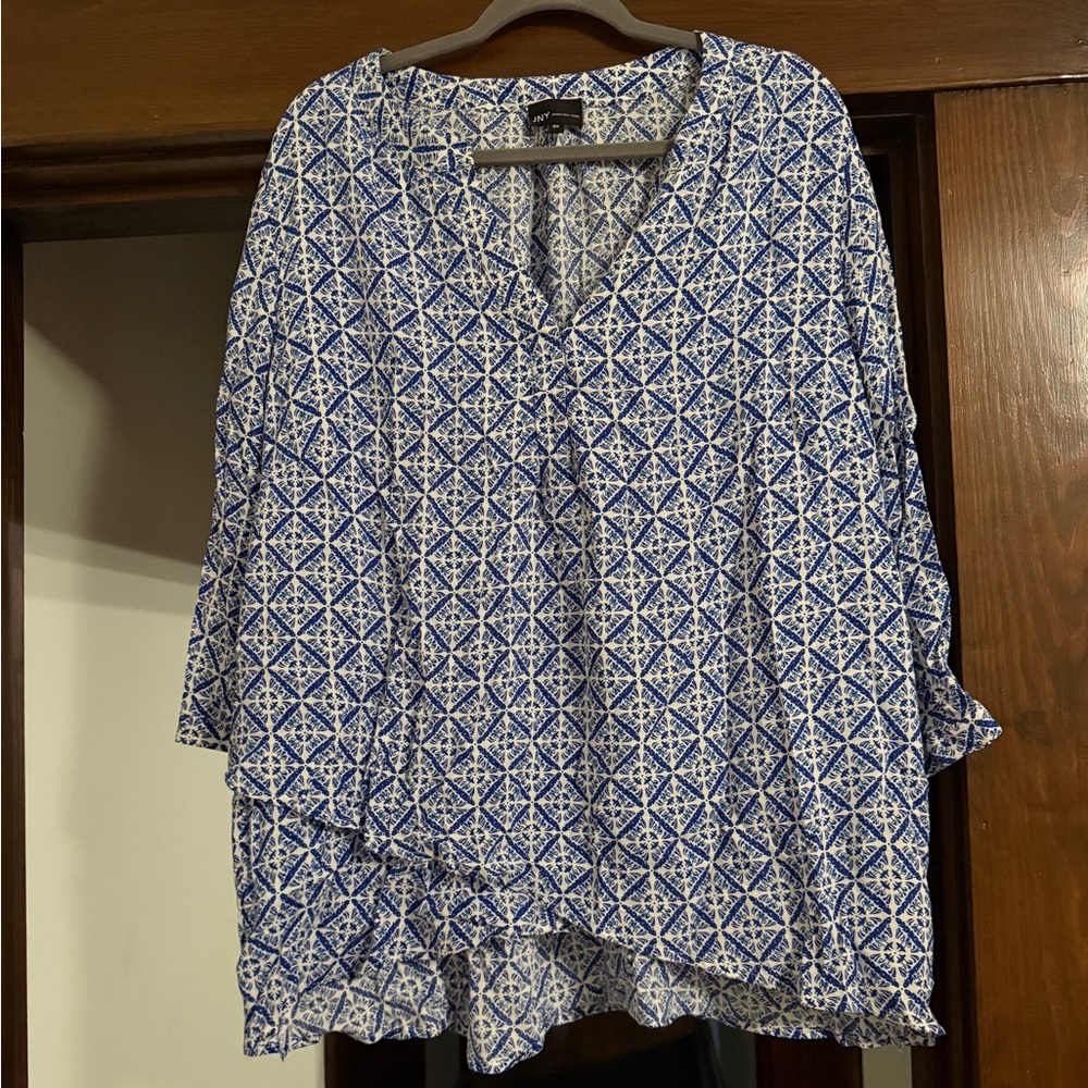 Jones New York Blue and White Boxy Blouse with Mandarin Collar